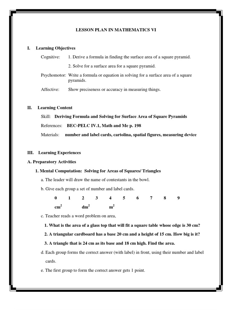 Detailed Lesson Plan | Area | Pyramid