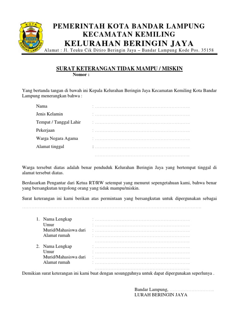 Surat Keterangan Tidak Mampu Miskin Dari Kelurahan
