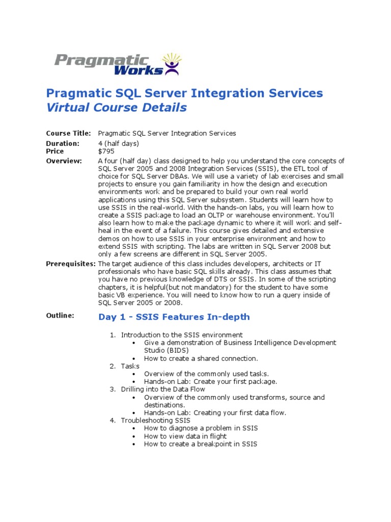 Pragmatic SSIS Course Details | PDF | Microsoft Sql Server | Microsoft ...