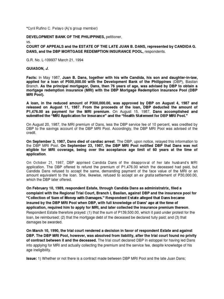 DBP v. CA (231 SCRA 370) Law Of Agency Insurance
