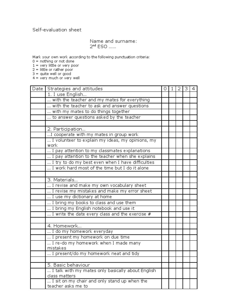 Self Evaluation Sheet PDF Languages Language Arts & Discipline