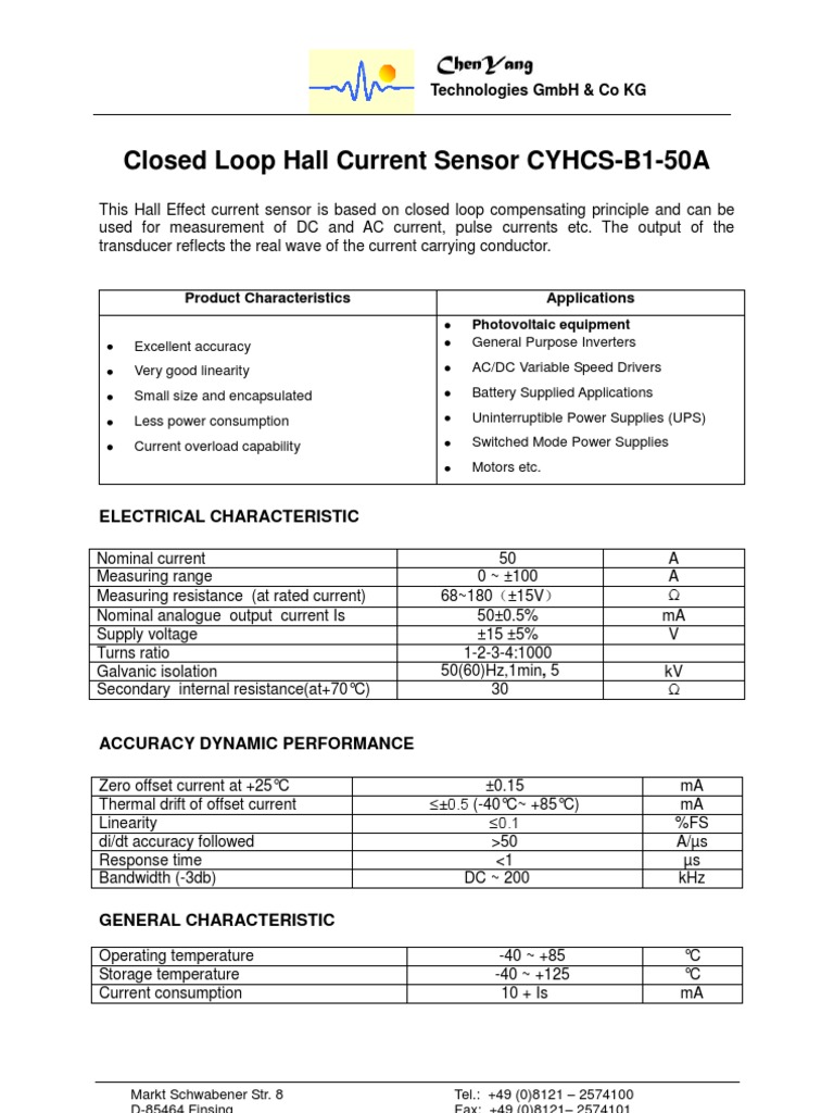 Closed Loop Hall Current Sensor CYHCS-B1-50A: Electrical Characteristic ...