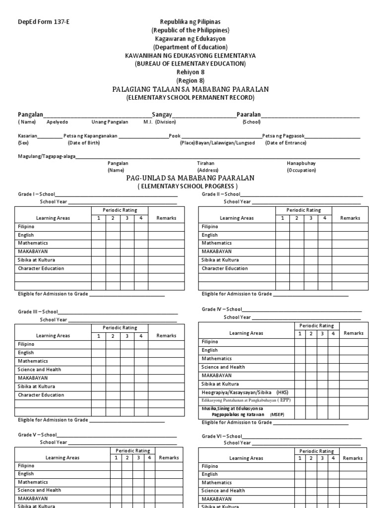 Deped Form 137 E Pdf Philippines Further Education