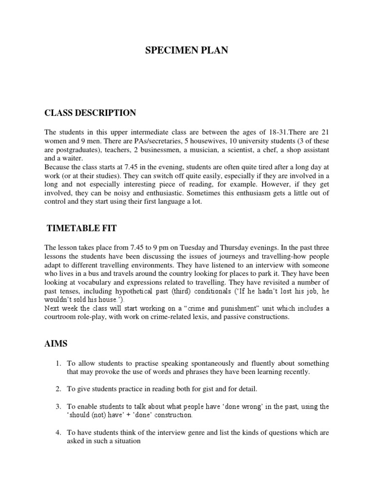 Specimen Plan Class Description PDF Cognitive Science Cognition