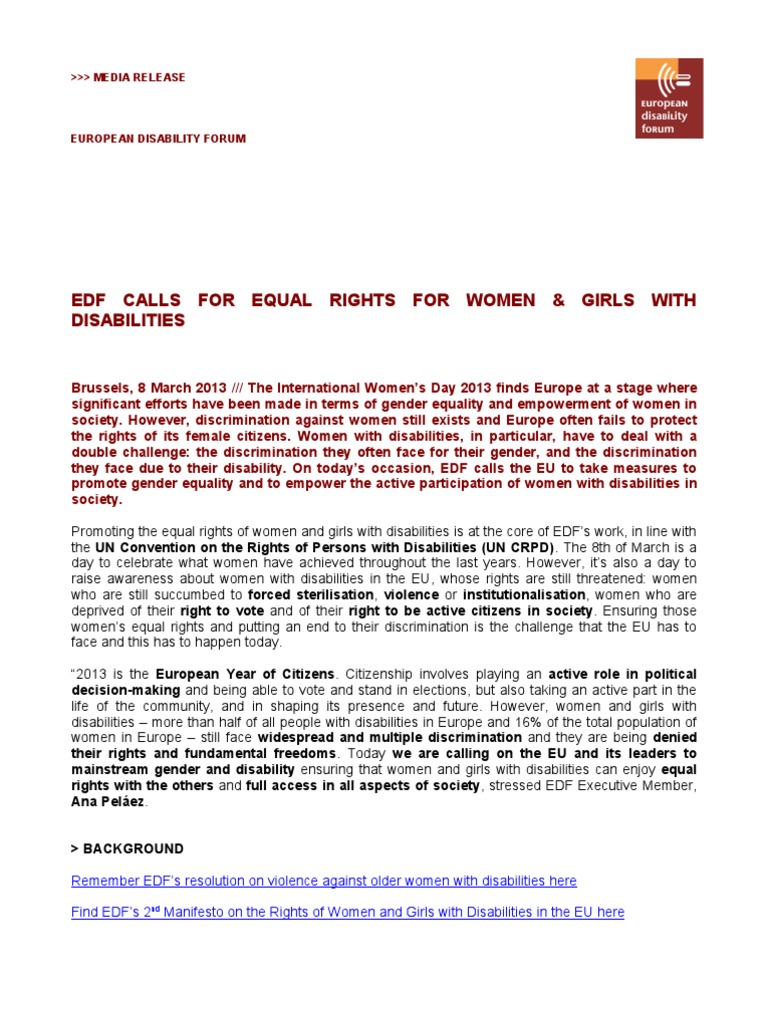 08 March 2013 - EDF Calls For Equal Rights For Women & Girls With ...