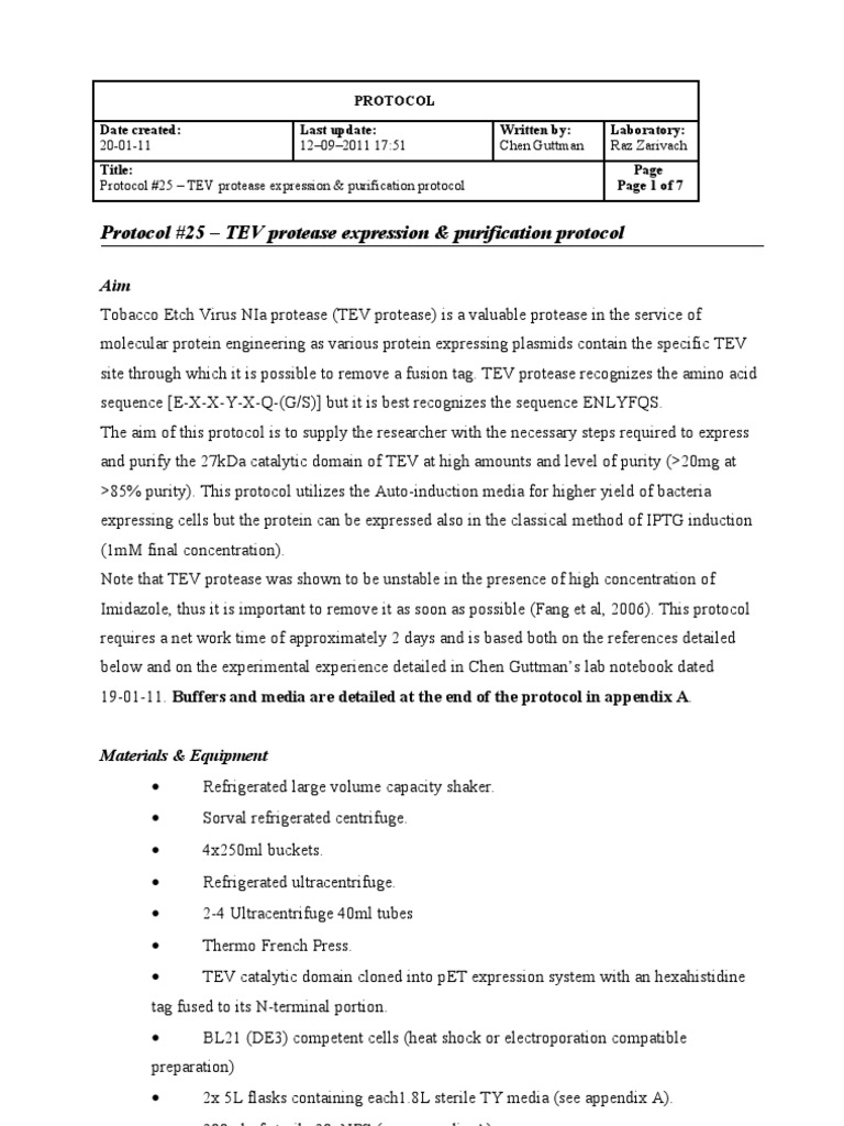 TEV Protease Purification ProtocolTEV Protease Purification Protocol