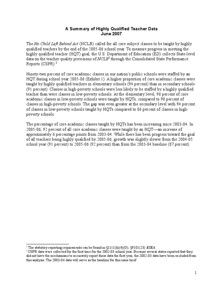 Highly Qualified Teacher Data Summary | PDF | Social Science