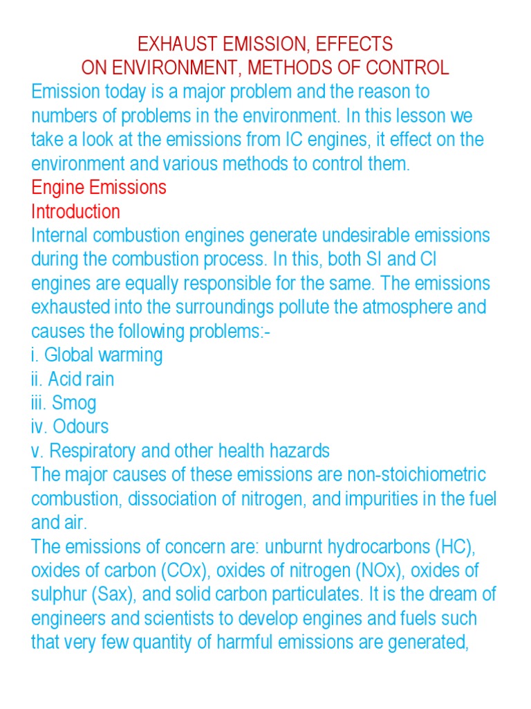 Exhaust Emission, Effects On Environment, Methods of Control PDF
