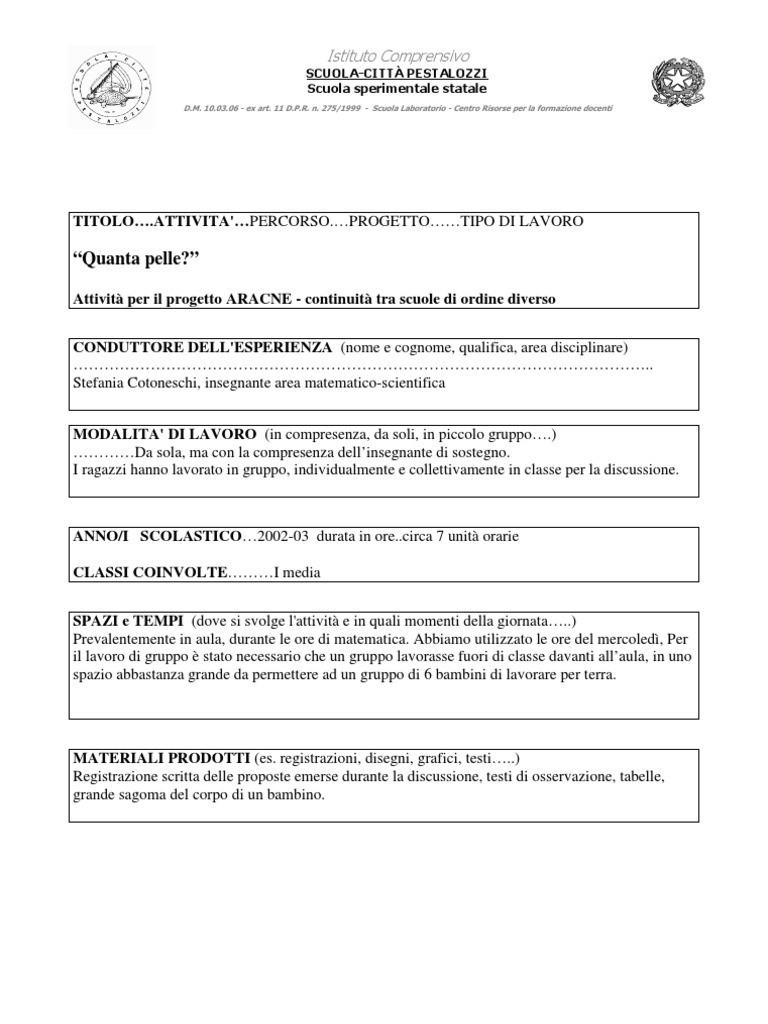 Resoconto dell attivit  didattica "Quanta pelle " Scuola Citt  Pestalozzi