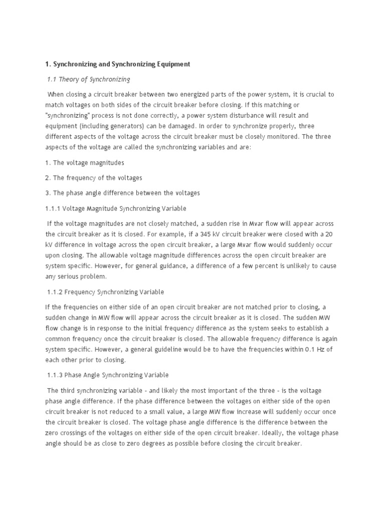 Synchronizing and Synchronizing Equipment PDF Physics Electrical