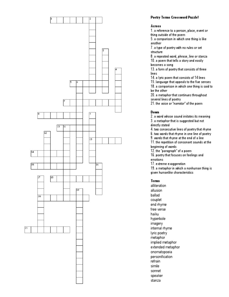 Poetry Terms Crossword Puzzle | PDF | Rhyme | Poetry