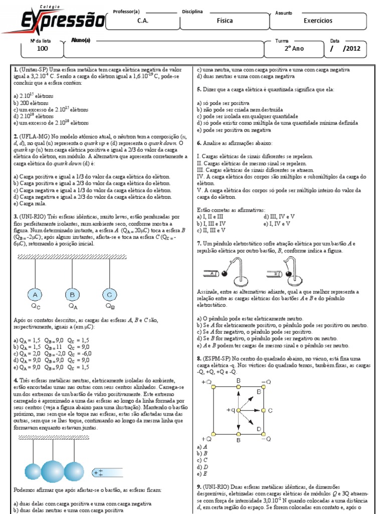 Exercicios de Eletrostatica Carga Elétrica Elétron