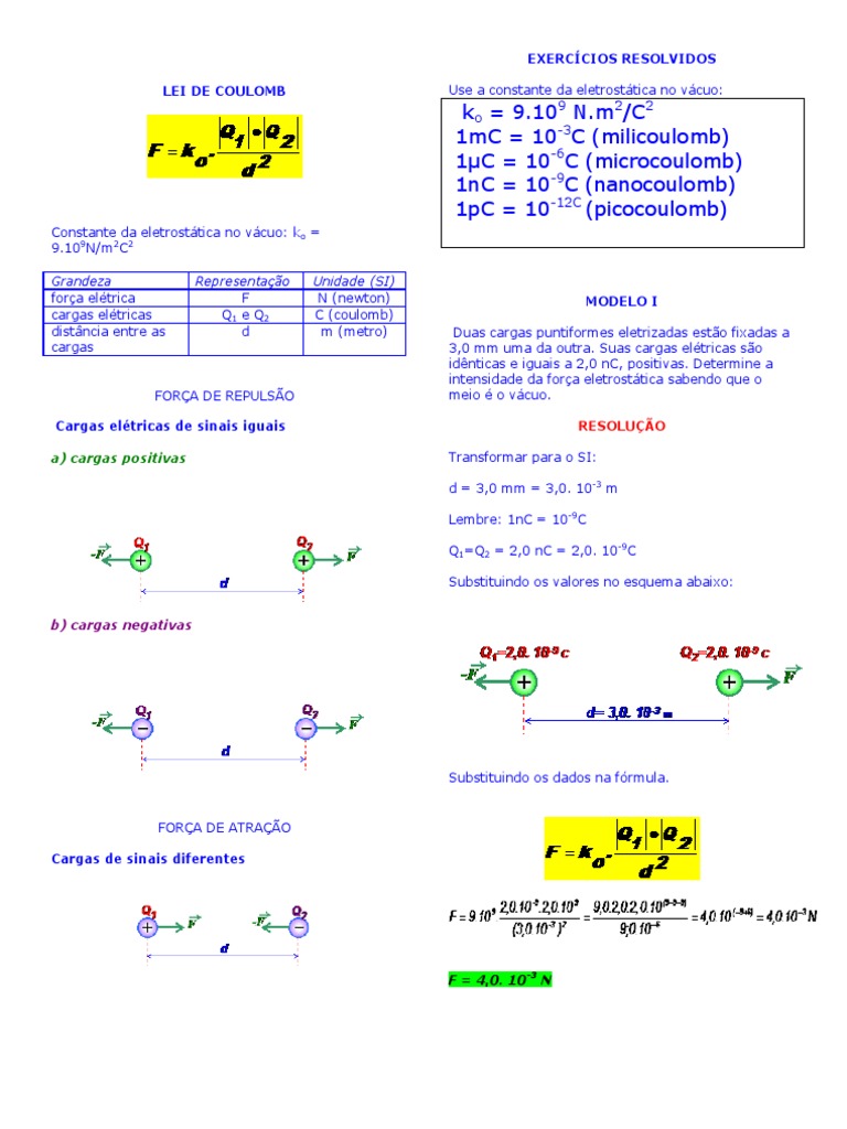 Exercícios Resolvidos: Lei de Coulomb | PDF | Carga elétrica | Campo ...