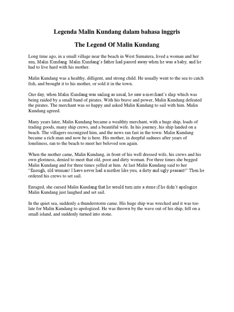 Legenda Malin Kundang Dalam Bahasa Inggris