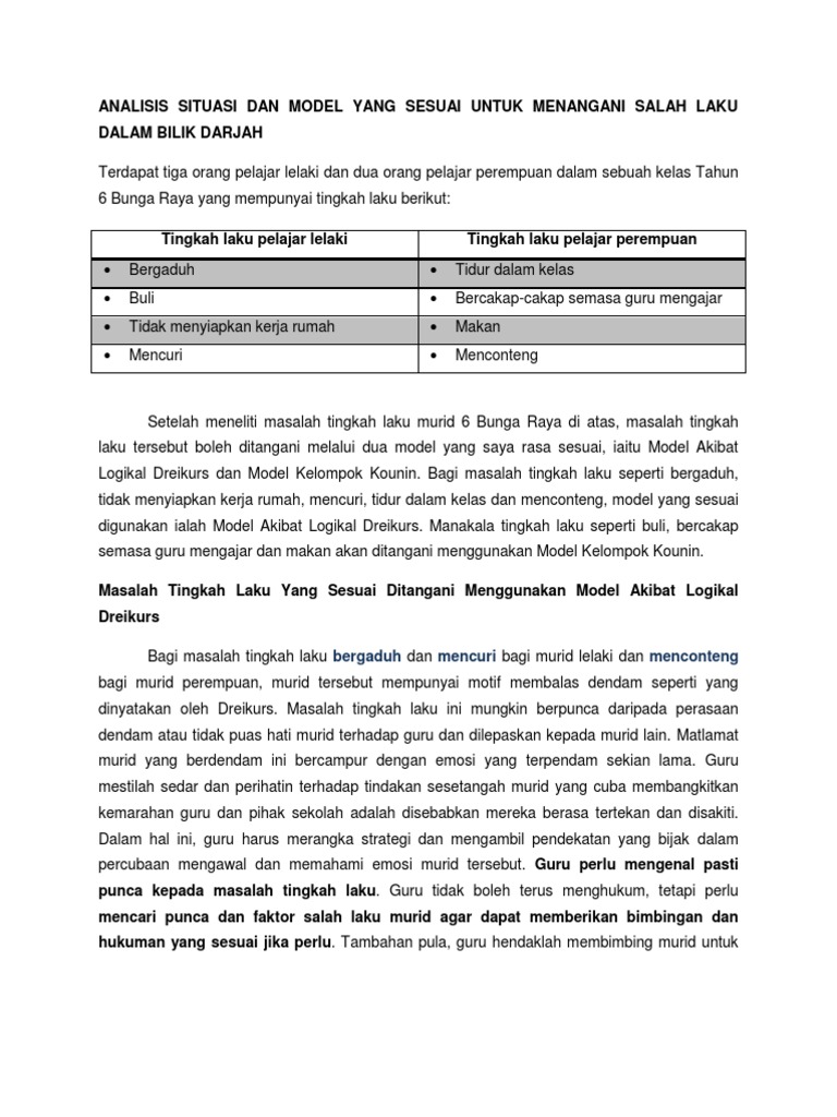 Analisis Situasi Dan Model Yang Sesuai Untuk Menangani Salah Laku Dalam Bilik Darjah Pdf