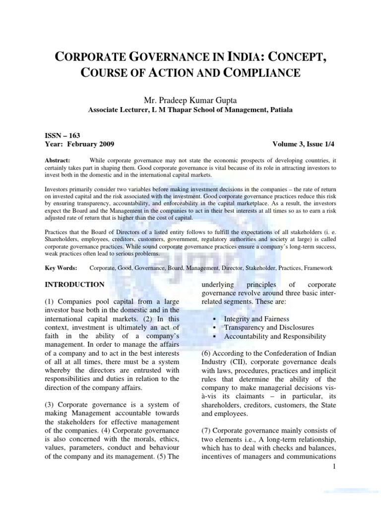 Corporate Governance Framework in India | PDF | Corporate Governance ...