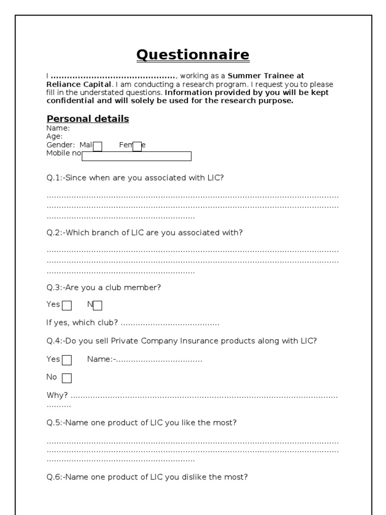 LIC Customer Feedback Questionnaire | PDF