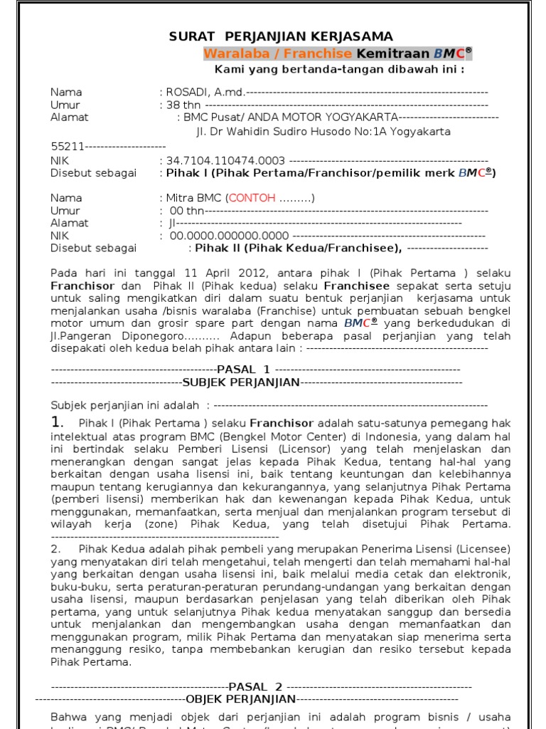 Surat Perjanjian Kerjasama Waralaba Franchise Kemitraan Bmc