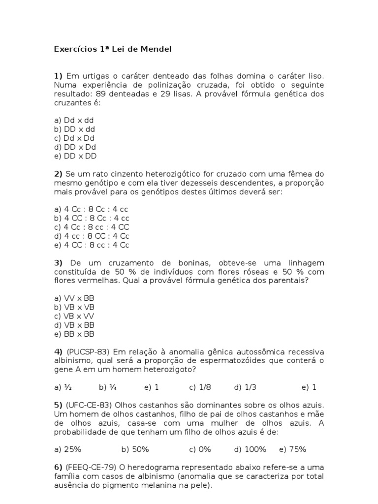Exercícios 1 Lei de Mendel | PDF | Dominância (genética) | Alelo