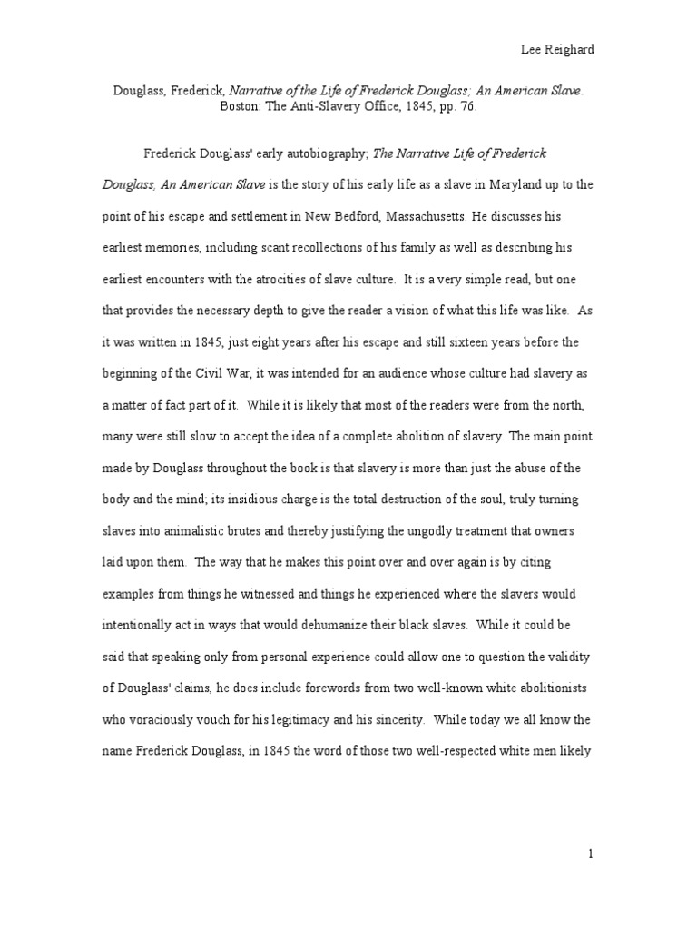 Frederick Douglass Autobiography Reflection Abolitionism In The United States