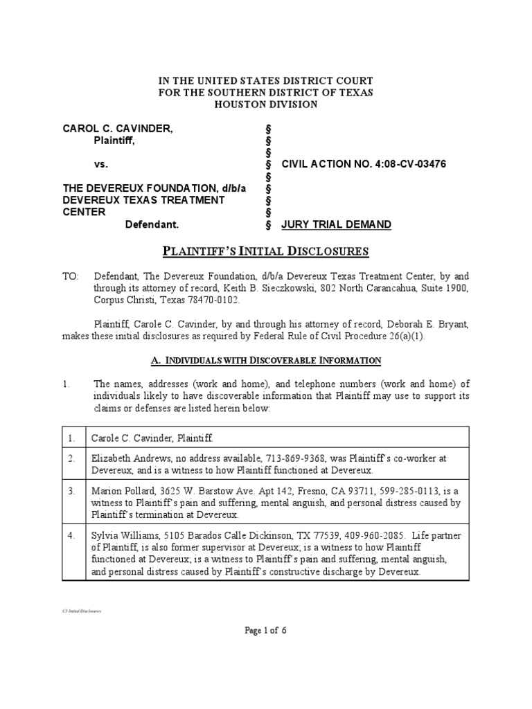 C3 Initial Disclosures PDF Federal Rules Of Civil Procedure Equal