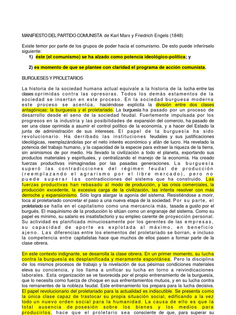 Manifiesto Del Partido Comunista Resumen El