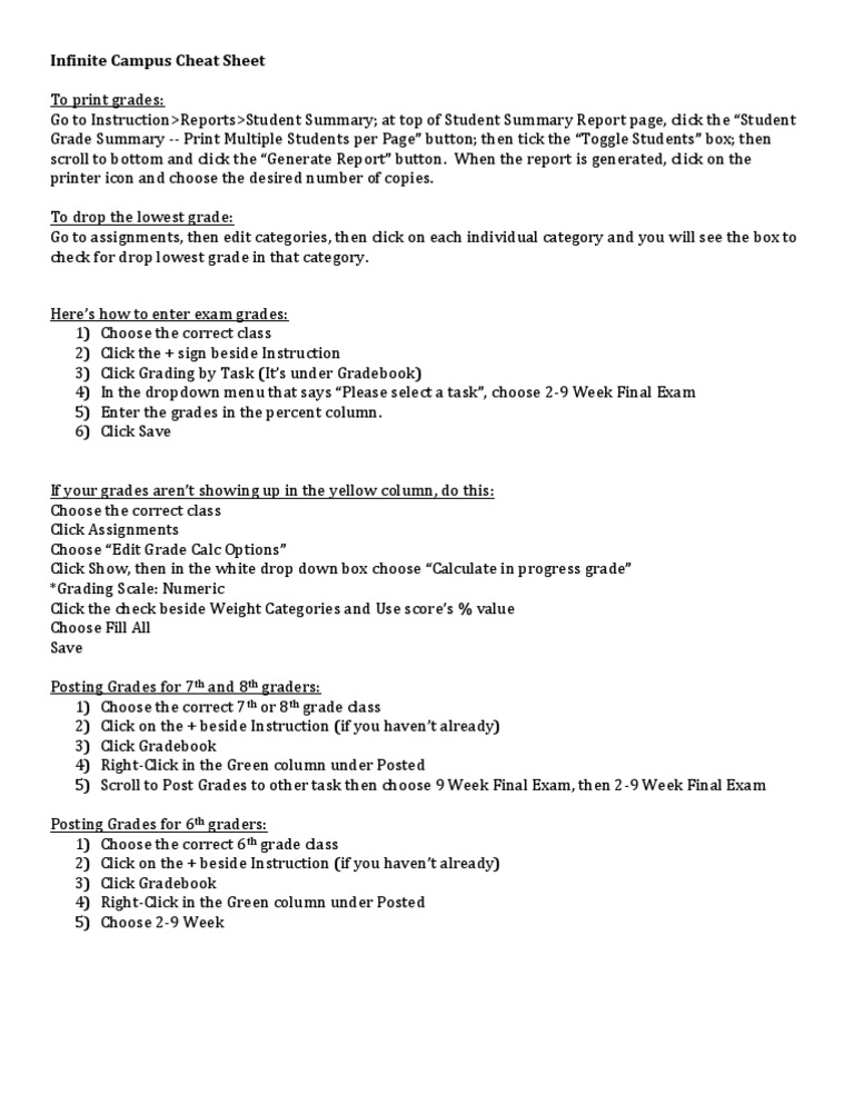 Infinite Campus Cheat Sheet | PDF