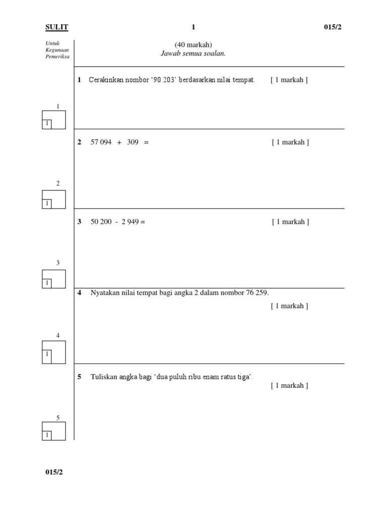 Ujian Bulanan 1 Matematik Tahun 4 Kertas 2 Pdf