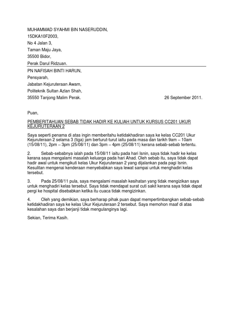 Contoh Surat Pengecualian Hadir Kursus