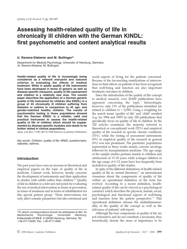 Assessing KINDL in Chronically Ill Kids | PDF | Quality Of Life ...