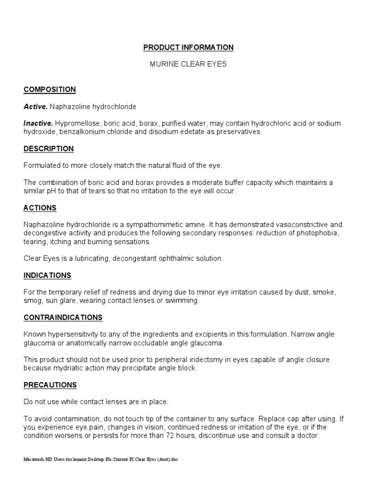 Product Information for Murine Clear Eyes Ophthalmic Solution A