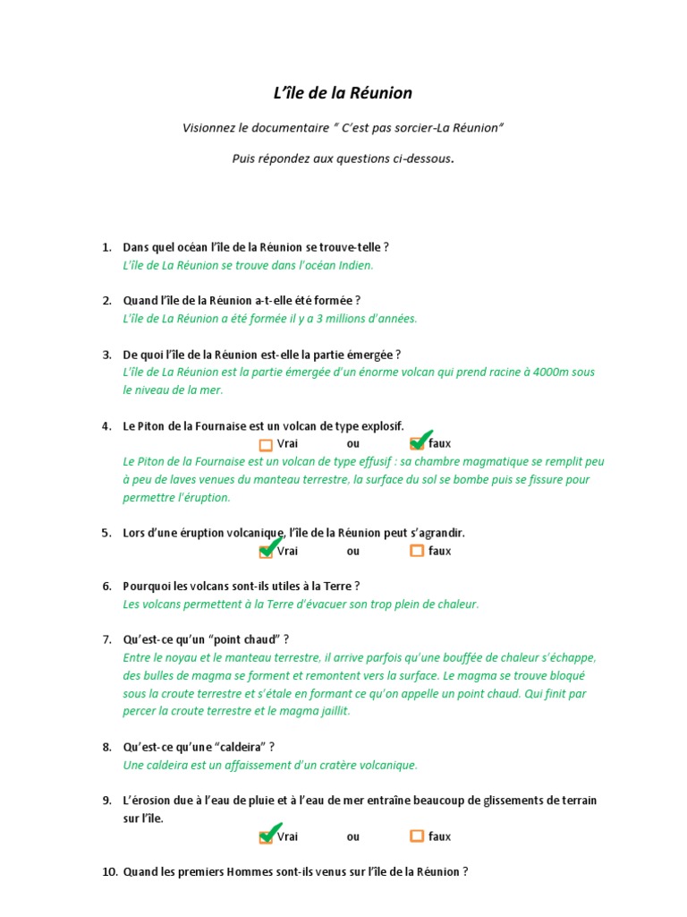 C Est Pas Sorcier Les Volcans Questionnaire Questionnaire La Réunion-Correction | PDF