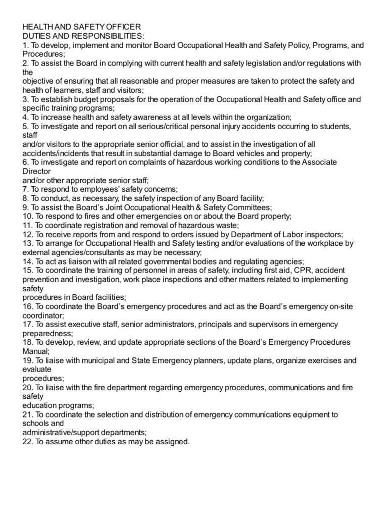 health and safety officer Occupational Safety And Health Emergency