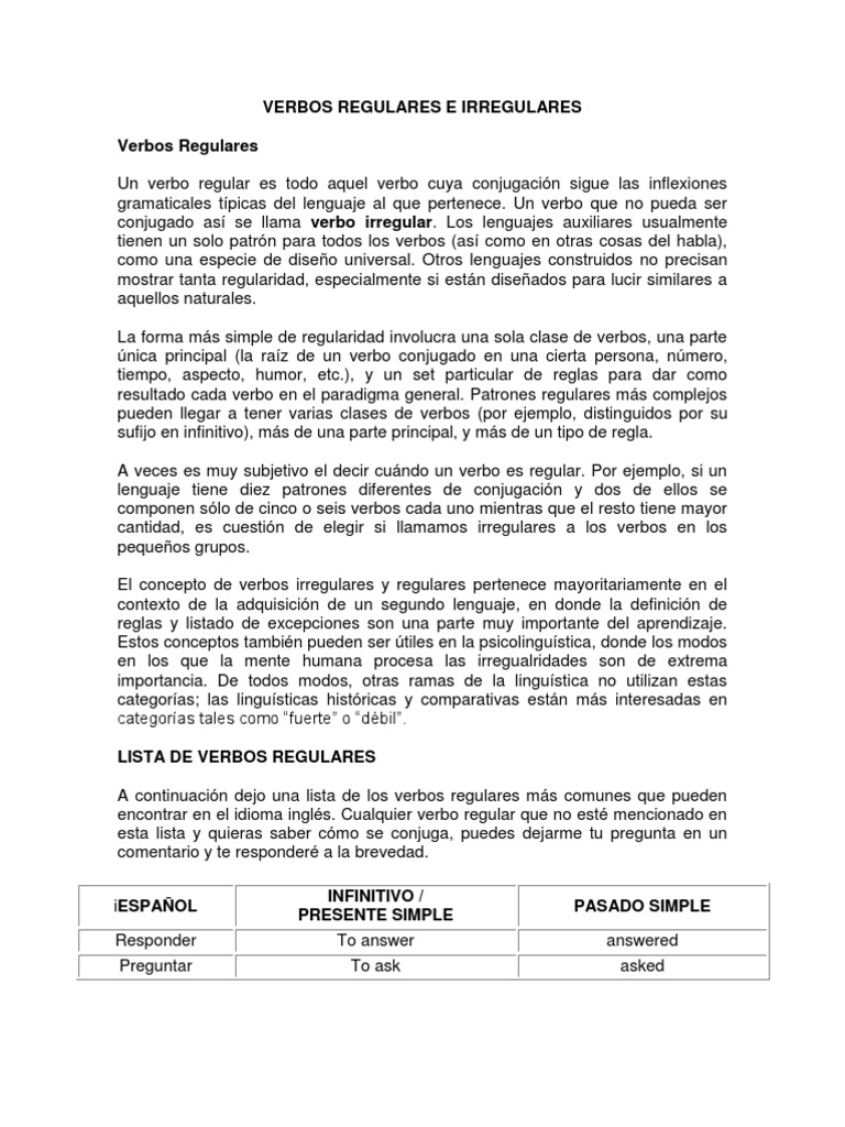 Verbos Regulares e Irregulares en Ingles | PDF | Conjugación gramatical ...
