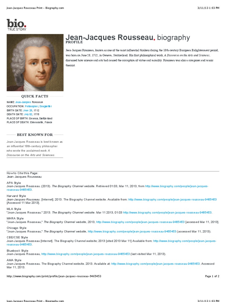 Jean-Jacques Rousseau - Biography | PDF