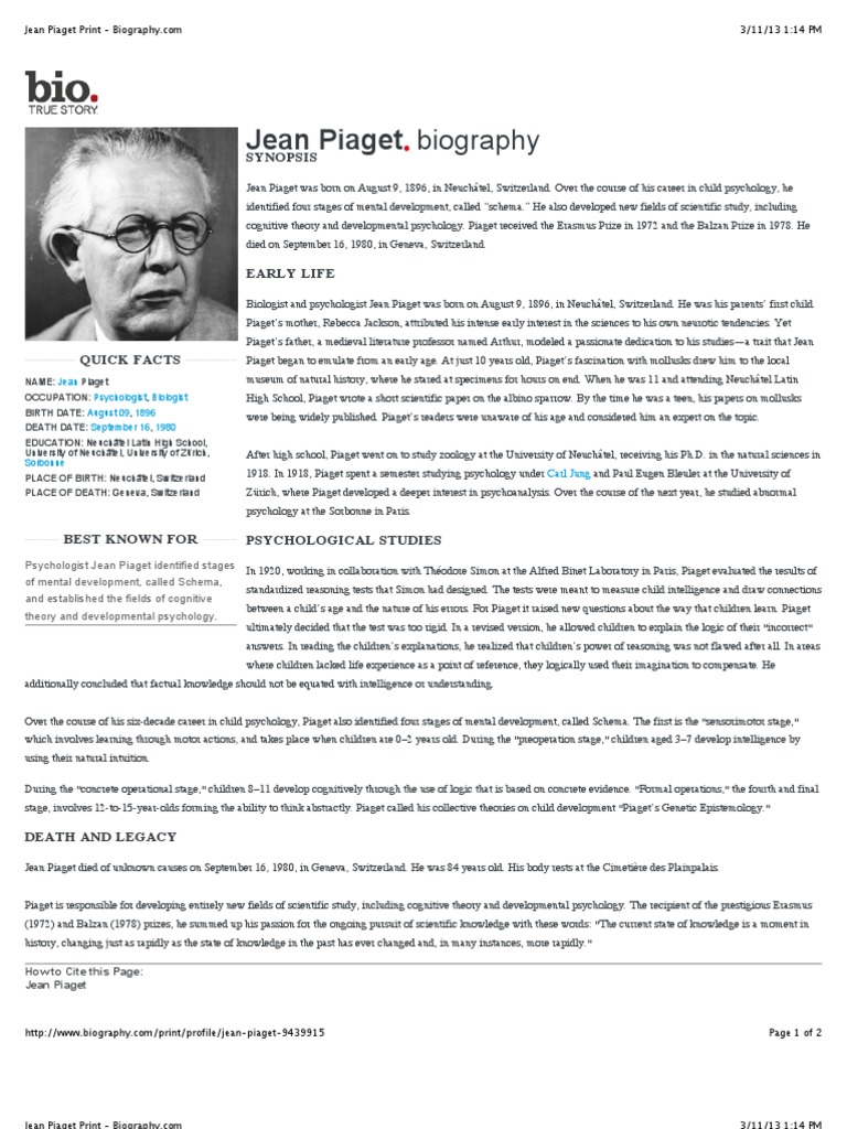 Jean Piaget Biography Psychology & Cognitive Science Behavioural