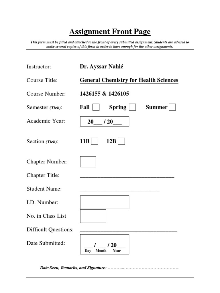 Assignment Front Page Template for Chemistry | PDF | Academia