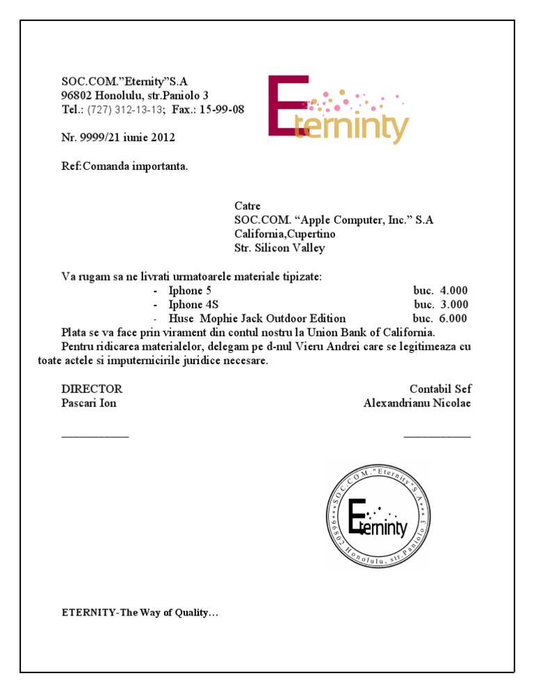 Model Scrisoare Oficiala
