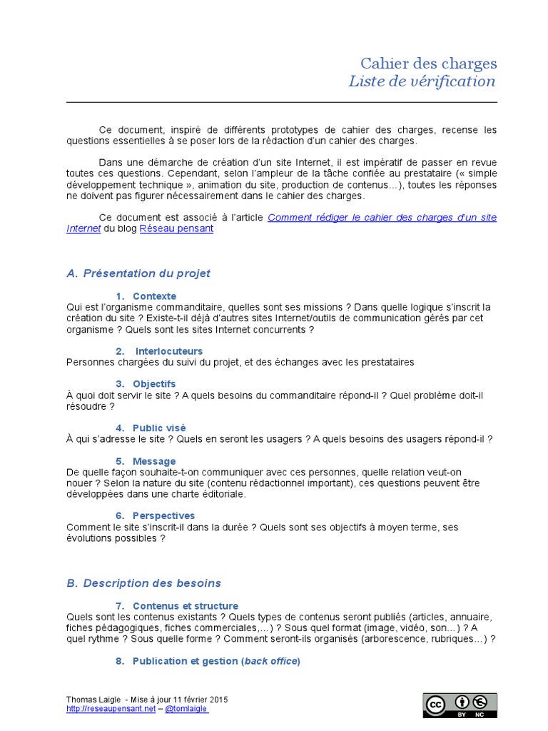 Cahier Des Charges  Liste de vérification  Sites web  l'Internet