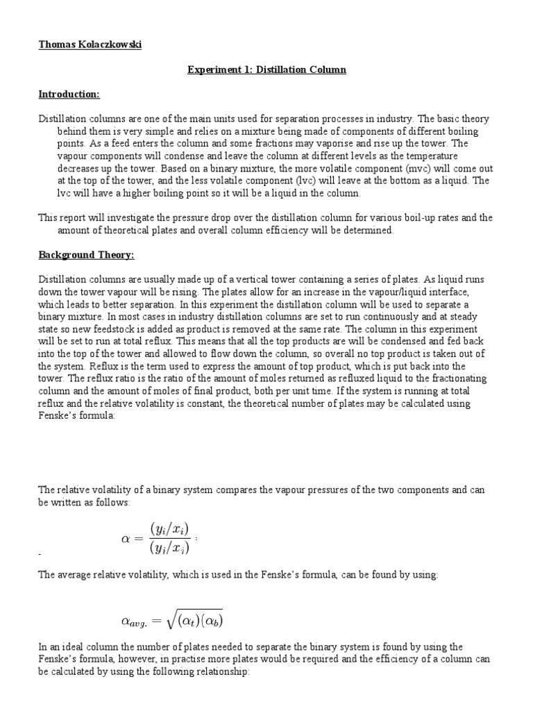 Distillation Column Efficiency Analysis | PDF | Distillation | Chemistry