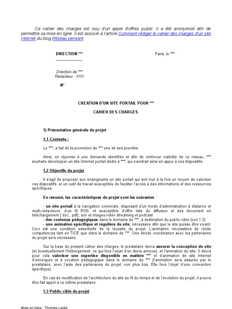 Exemple de Cahier Des Charges  l'Internet  Pédagogie  Essai gratuit