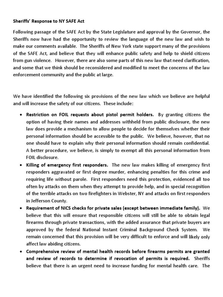 Sheriff's Response To NY SAFE Act PDF National Instant Criminal