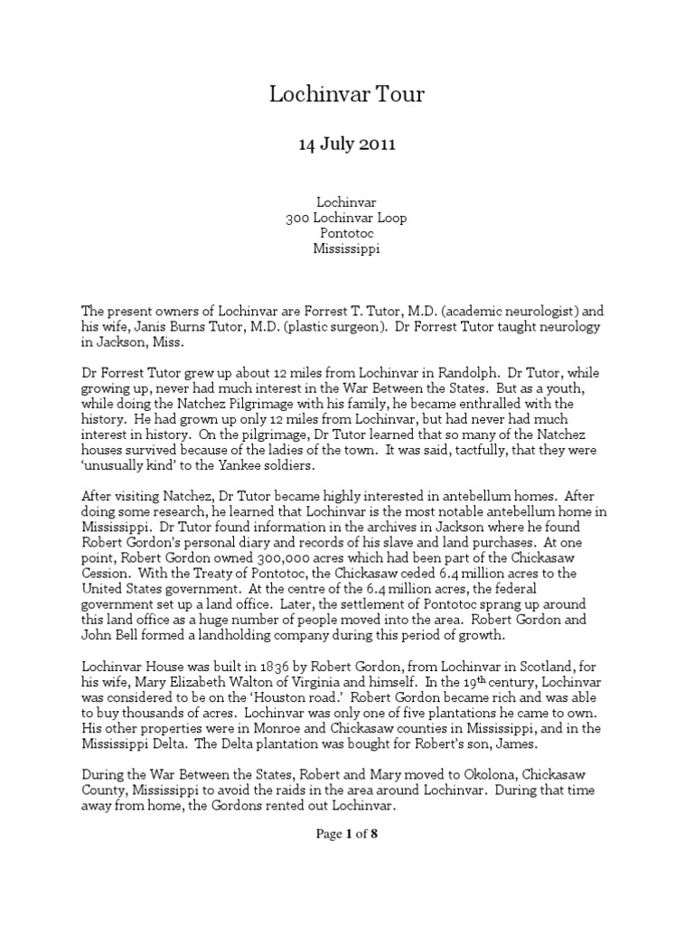 Lochinvar House. Pontotoc, Mississippi, USA. Lochinvar Tour PDF