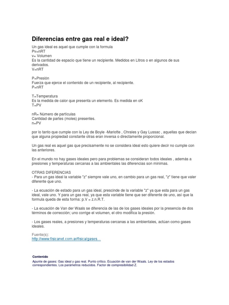 Diferencias entre gases ideales y reales | PDF | Gases | Fases de la ...
