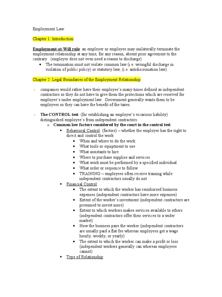 Employment Law Outline | PDF | Independent Contractor | Defamation
