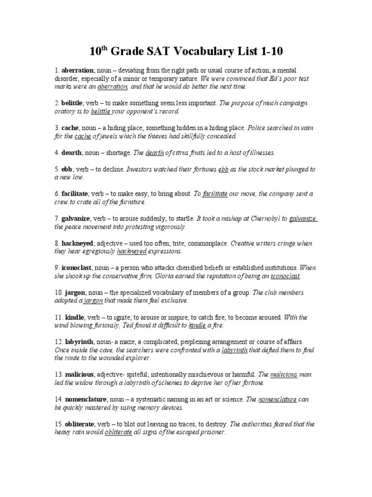 10th Grade SAT Vocabulary List | PDF | Adjective | Verb