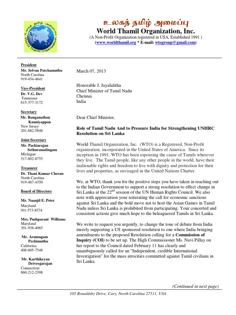 WTO Letter To CM Jayalalitha PDF Tamils Tamil Nadu