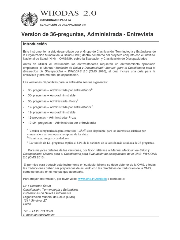 Cuestionario WHODAS 2.0: Evaluación de Discapacidad | PDF ...