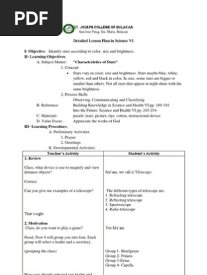 Detailed Lesson Plan In Science 6 Stars Sun