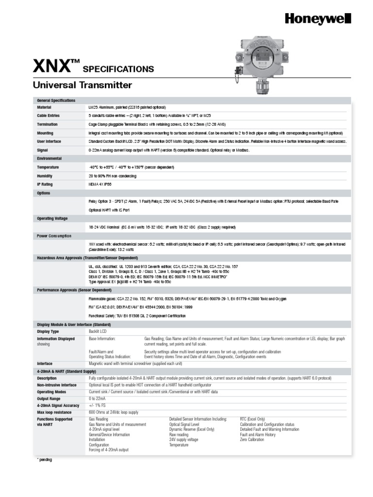 XNX Universal Gas TransmitterSpec Sheet Honeywell PDF Relay Switch